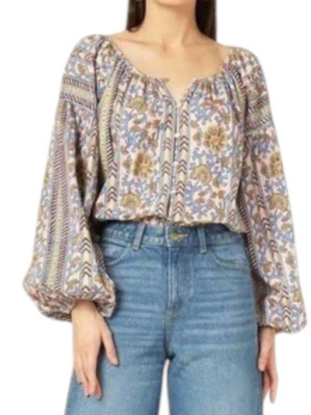 Omika Flora blouse in Nirali Whisper Handmade Block Print Floral Peasant Boho M